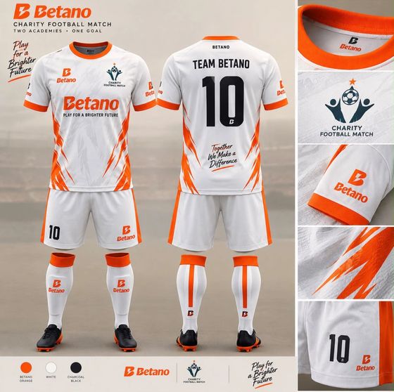 Home kit (Play for a Brighter Future): White with Betano orange flashes, orange collar and cuffs.